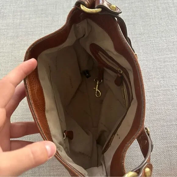 BRAHMIN Brown Pebble Leather Tote Purse Gold Chain Trim Chunky Hardware - Picture 3 of 10